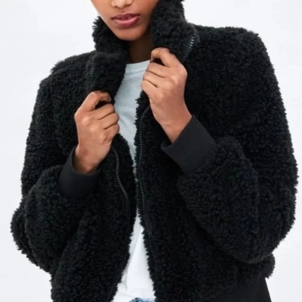 Zara Black Boucle Fleece Teddy Sherpa Faux Fur Cropped Bomber Jacket, M